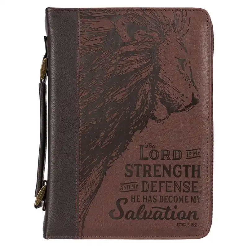 The LORD is My Strength Brown Faux Leather Bible Cover XL Exodus 15:2 Lion Wholesale